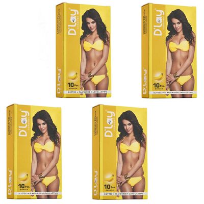 D'lay Dotted Real Feel Condoms for Men | Ultra Soft for Extra Pleasure and satisfaction | Long Lasted, Lubricated | Banana Flavour Condoms - 10 (Pack of 4)