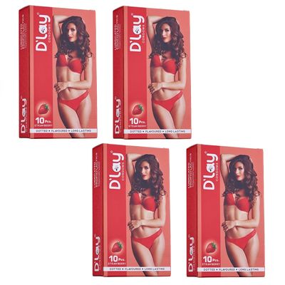 D'lay Dotted Real Feel Condoms for Men | Ultra Soft for Extra Pleasure and Satisfaction | Long Lasted, Lubricated | Strawberry Flavour Condoms - 10 (Pack of 4)