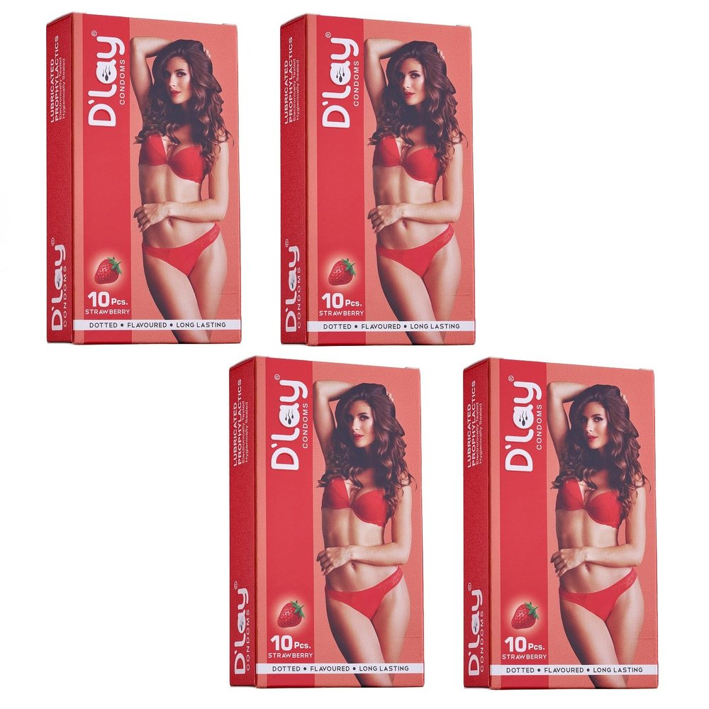 D'lay Dotted Real Feel Condoms for Men | Ultra Soft for Extra Pleasure and Satisfaction | Long Lasted, Lubricated | Strawberry Flavour Condoms - 10 (Pack of 4)
