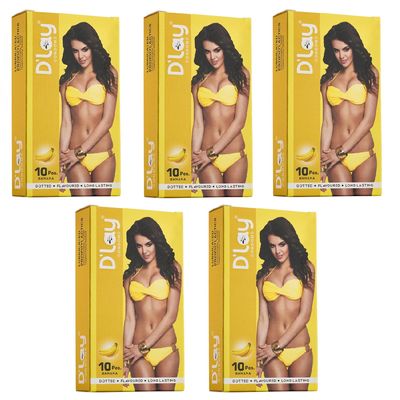 D'lay Dotted Real Feel Condoms for Men | Ultra Soft | For Extra Pleasure and satisfaction | Long Lasted, Lubricated | Banana Flavour Condoms - 10 (Pack of 5)