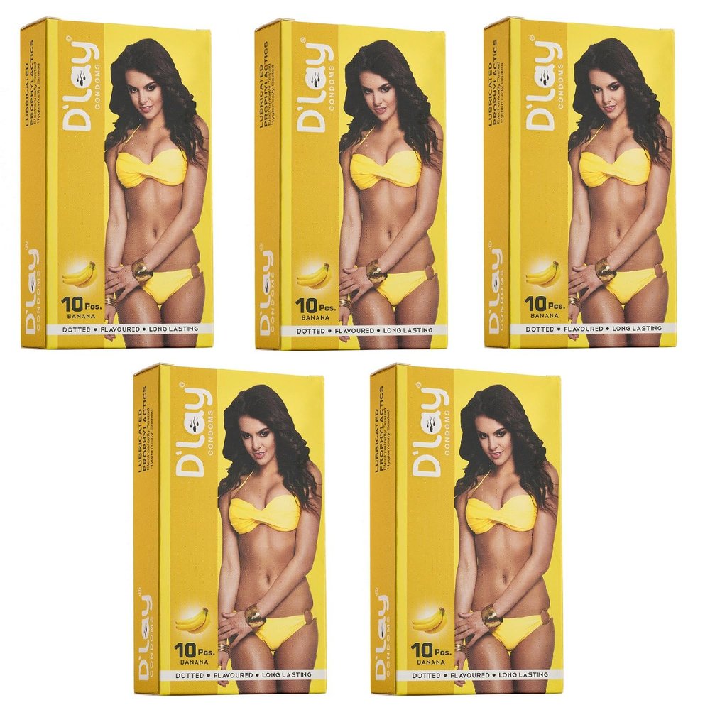 D'lay Dotted Real Feel Condoms for Men | Ultra Soft | For Extra Pleasure and satisfaction | Long Lasted, Lubricated | Banana Flavour Condoms - 10 (Pack of 5)