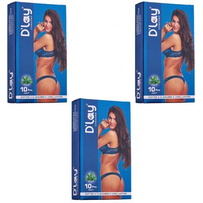 D'lay Dotted Real Feel Condoms for Men | Ultra Soft | For Extra Pleasure and satisfaction | Long Lasted, Lubricated | Mint Flavour Condoms - 10 (Pack of 3)