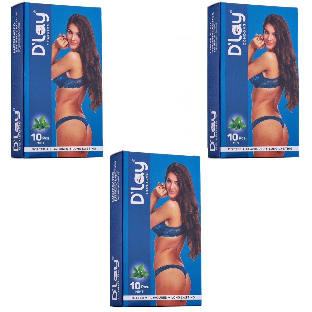 D'lay Dotted Real Feel Condoms for Men | Ultra Soft | For Extra Pleasure and satisfaction | Long Lasted, Lubricated | Mint Flavour Condoms - 10 (Pack of 3)