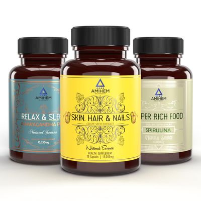 AMIHEM's Holistic Wellness Bundle: Grape Seed Extract Capsules, Spirulina Capsules & Ashwagandha Capsules with added Vitamin E & Vitamin B6