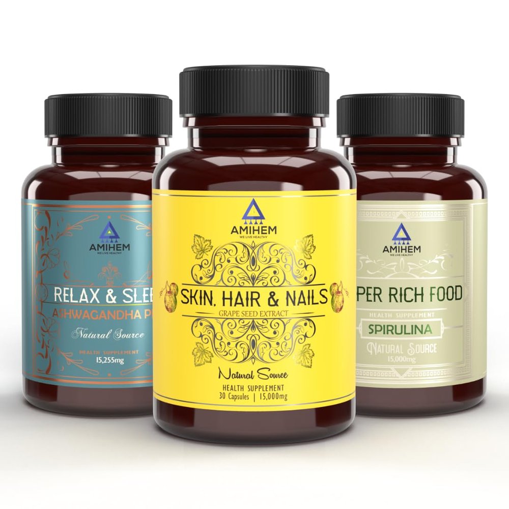 AMIHEM's Holistic Wellness Bundle: Grape Seed Extract Capsules, Spirulina Capsules & Ashwagandha Capsules with added Vitamin E & Vitamin B6