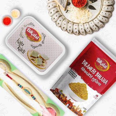 Bikalal Namkeen | Bhujia 400Gm kaju Katli 500Gm 1Rakhi | Rakhi Gift Hamper with Savory Snacks and Rakhi Combo by Bikalal Foods | Explore a World of Flavors with Bikalal's Finest Snacks-