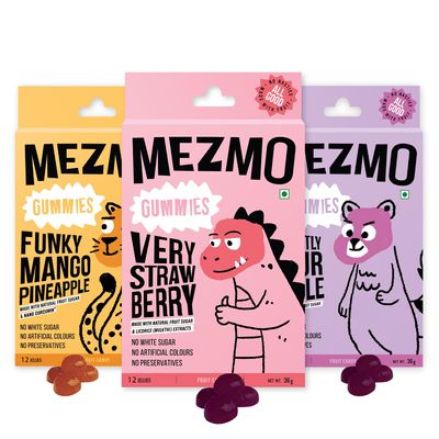 MEZMO soft jelly healthy n yummy candy with natural fruit sugar 108gms 36 jellies (Pack of 3) - Very Strawberry, Funky Mango Pineapple & Sweetly Sour Apple