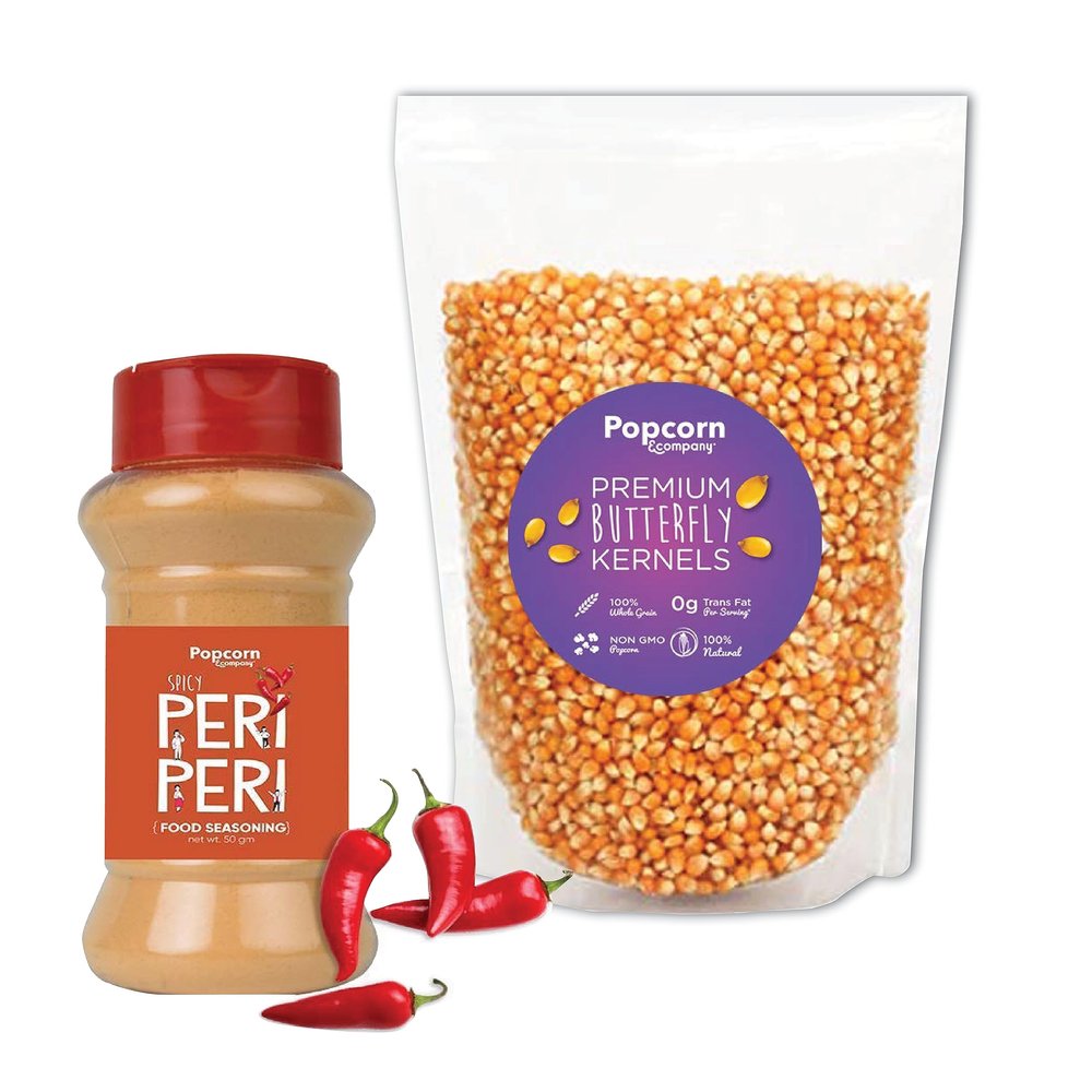 Popcorn & Company Popcorn Kernels Seeds (300g) with Peri Peri Seasoning (60g) Non-GMO, Gluten-Free Evening Snack, Perfect for Movie Nights & Healthy Snacking