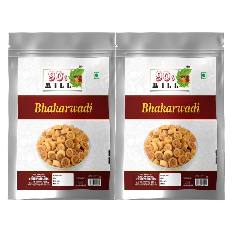 90's MILL All Natural Baked Bhakarwadi Crunchy, Light and Flavourful | Mouth-watering Button Bhakarwadi Snack | Mini Bhakarwadi Festival Season Diwali Rakhi Snack and Namkeen Savoury Snack-350g*2Pack