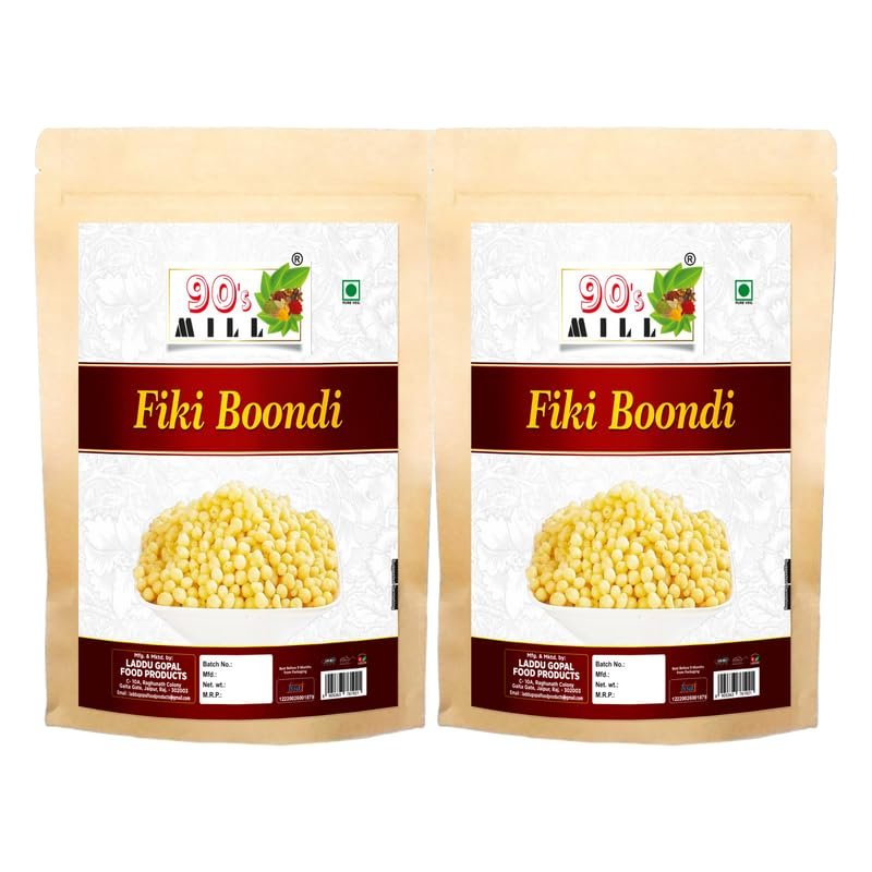 90's MILL Fiki Boondi | Raita Boondi Snacks | Plain Boondi Nugrey Crunchy Snacks | Rajasthani Boondi | Sada Plain Yellow Boondi | Fresh Bundi yogurt/Curd Buttermilk bundi-420g*2Pack
