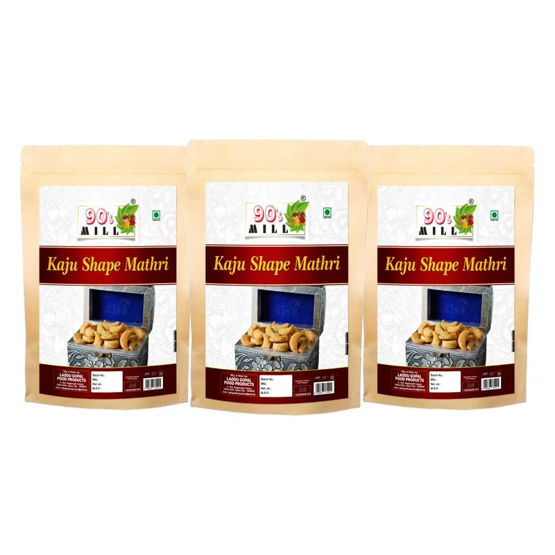 90's MILL Bhachau Kutch Special Homemade Masala Kaju Mathri Namkeen Snack Crsipy & Crunchy | Refined flour Kaju Puri Mathris Ready to eat Healthy Tea Time Snack | Made In Groundnut oil-280g*3Pack