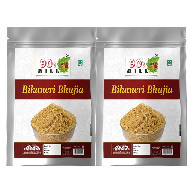 90's MILL Bikaner Wali Bhujia Bikaneri Bhujia Sev Suitable for Vegans | Crispy & Crunchy Traditional Namkeen | Mildly Spiced & Flavorful | Made with All Natural Ingredients-1Kg*2Pack