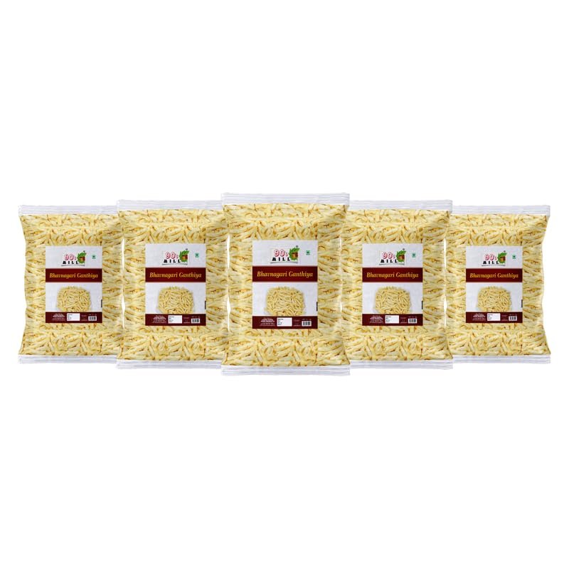 90's MILL Malwa Suryapur Bhavnagari Gathiya Namkeen | Bhavnagri Gathiya - Fried Gram Flour Sticks, Carom Seeds | Ganthiya Made in Groundnut Oil Festive Favourite Lite Savoury Snack-900g*5Pack