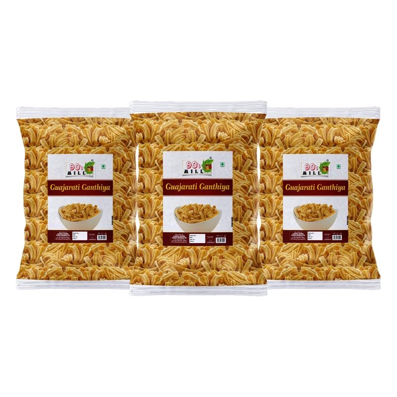 90's MILL Bhavnagar Classic Makhania Farsan | Makhania Gathiya Gathia Farsaan Namkeen Snack | Healthy Namken farshan namkeen Savoury Snack Chai Coffee Tea Party Namkin Snack-280g*3Pack