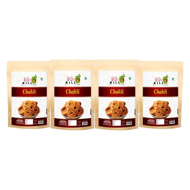 90's MILL Bhajani Chakli Chakoli Murukku | Homemade Indian Chakoli Namkeen Snacks | Indian Snacks | Chakli | Masala Chakli | Chakoli | Butter Chakri Ready to Eat Snacks Murukku-900g*4Pack