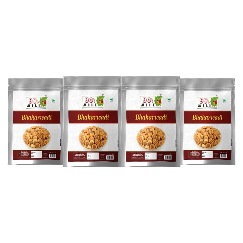 90's MILL All Natural Baked Bhakarwadi Crunchy, Light and Flavourful | Mouth-watering Button Bhakarwadi Snack | Mini Bhakarwadi Festival Season Diwali Rakhi Snack and Namkeen Savoury Snack-850g*4Pack