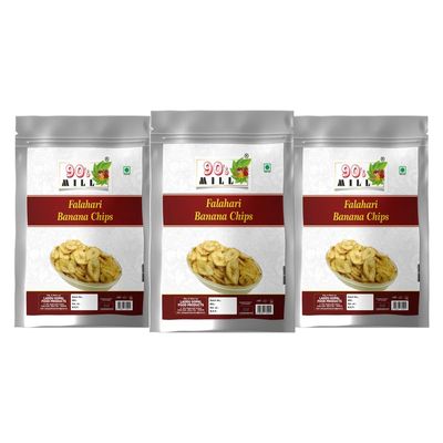 90's MILL Karpuravalli Banana Kella Kela Chips wafers Namkeen Snack | Varkala Kerala Falhari Banana Chips Tasty Yummy Snack Healthy Snack With Goodness Of Malabar Black Pepper-250 * 3Pack
