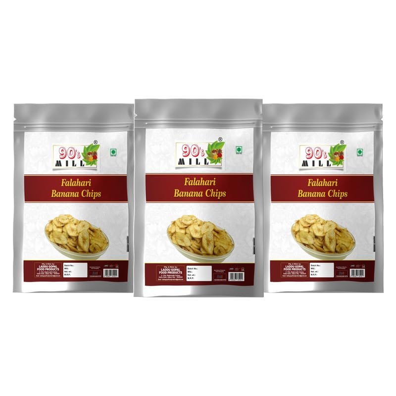 90's MILL Karpuravalli Banana Kella Kela Chips wafers Namkeen Snack | Varkala Kerala Falhari Banana Chips Tasty Yummy Snack Healthy Snack With Goodness Of Malabar Black Pepper-250 * 3Pack