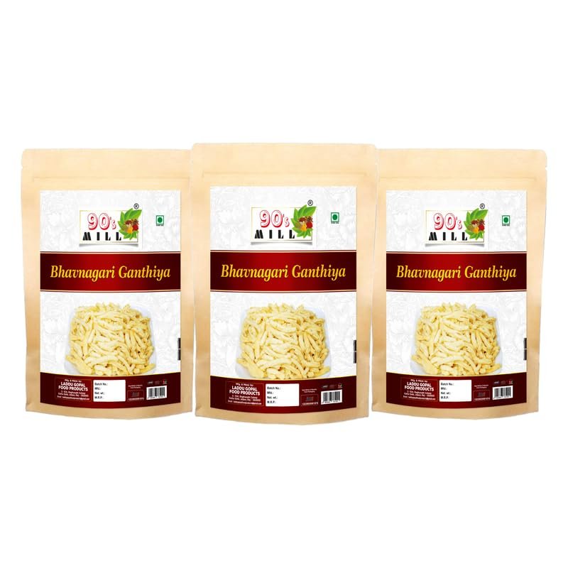 90's MILL Authentic Kathiawar Ganthiya Bhavnagari Gujarati Gathiya Fried in Groundnut Oil||Healthy Indian Snacks//Lite Snack For All Age Groups//Bachcho Ka Favourite Savoury Snack-1Kg*3Pack