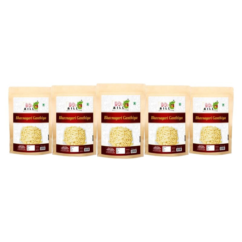 90's MILL Classic Rajkot Bhavnagari Ganthiya Gujarati Gathiya | Organic whole Spices | Fried in Cold Pressed Groundnut Oil Organic Namkeen | Healthy Indian Snacks No Preservatives-1Kg*5Pack
