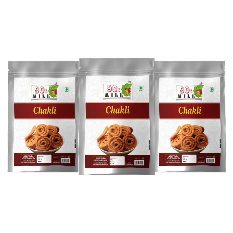 90's MILL Andheri Bhajni Chakli Murukku Namken | Chakli Chakoli Delicious Namkeen & Snacks | Vegan Namkin | No Artificial Preservatives | Ready to Eat Snacks Murukku | Namkeen Snacks-1Kg*3Pack