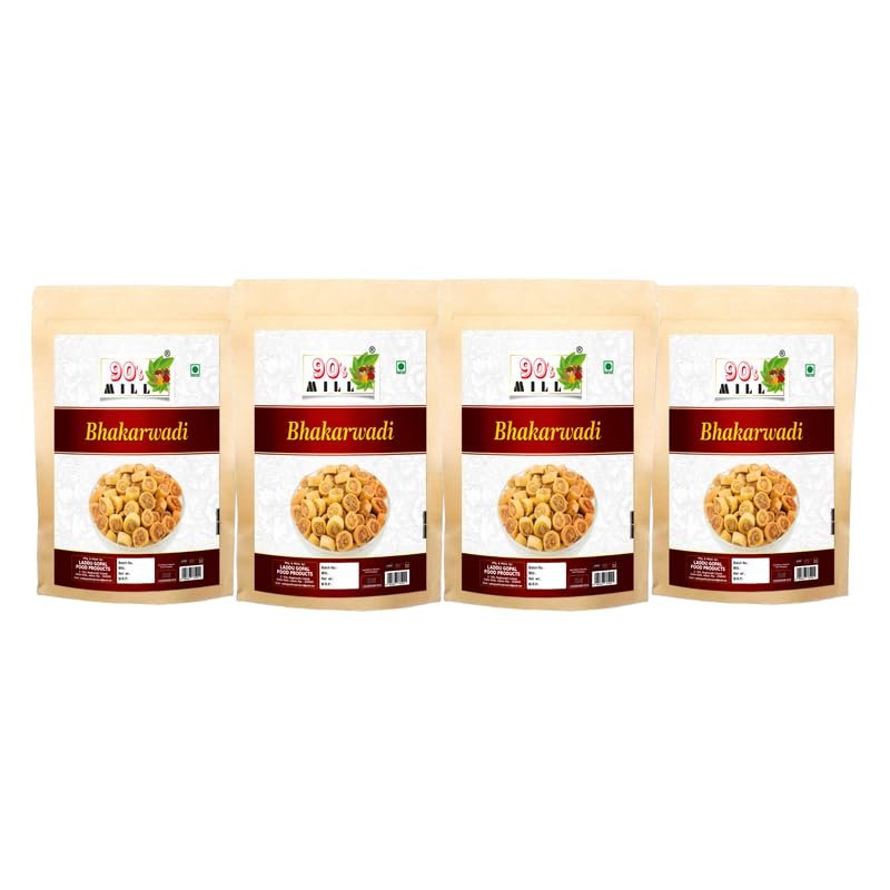 90's MILL Bhakarwadi | Chai Time Snack | Ready to Eat Bhakarwadi Snacks | Mini Bhakarwadi | Indian Namkeen Nashta | Authentic Regional Preparation | Traditional Indian Snacks | Party Snacks-1Kg*4Pack