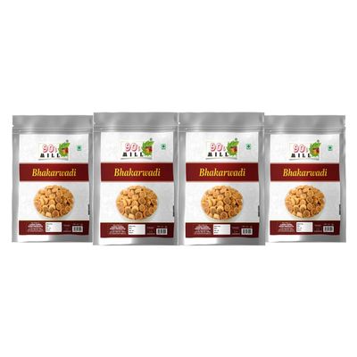 90's MILL All Natural Baked Bhakarwadi Crunchy, Light and Flavourful | Mouth-watering Button Bhakarwadi Snack | Mini Bhakarwadi Festival Season Diwali Rakhi Snack and Namkeen Savoury Snack-900g*4Pack