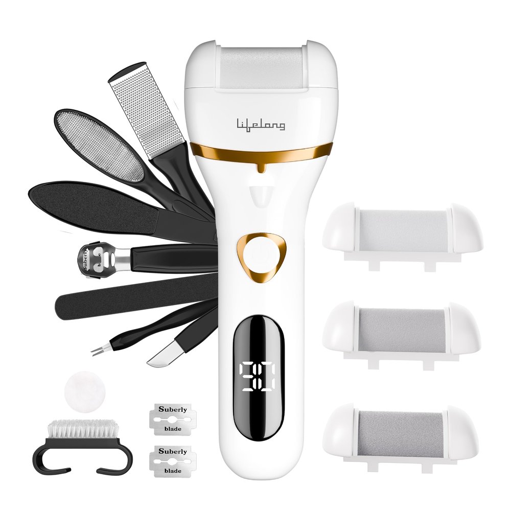Lifelong 14-in-1 Rechargeable Callus Remover for Feet | Electronic Pedicure Kit with 3 Roller Heads, 2 Speeds, Fast Charging, Crack Heel Repair, Dead Skin Remover, IPX6 Waterproof Foot Scrubber