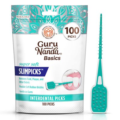 GuruNanda Interdental Picks (Pack of 100), Super Soft & Flexible Rubber Bristles, Floss Picks for Removing Food Leftovers, Plaque & Gently Go to Gums