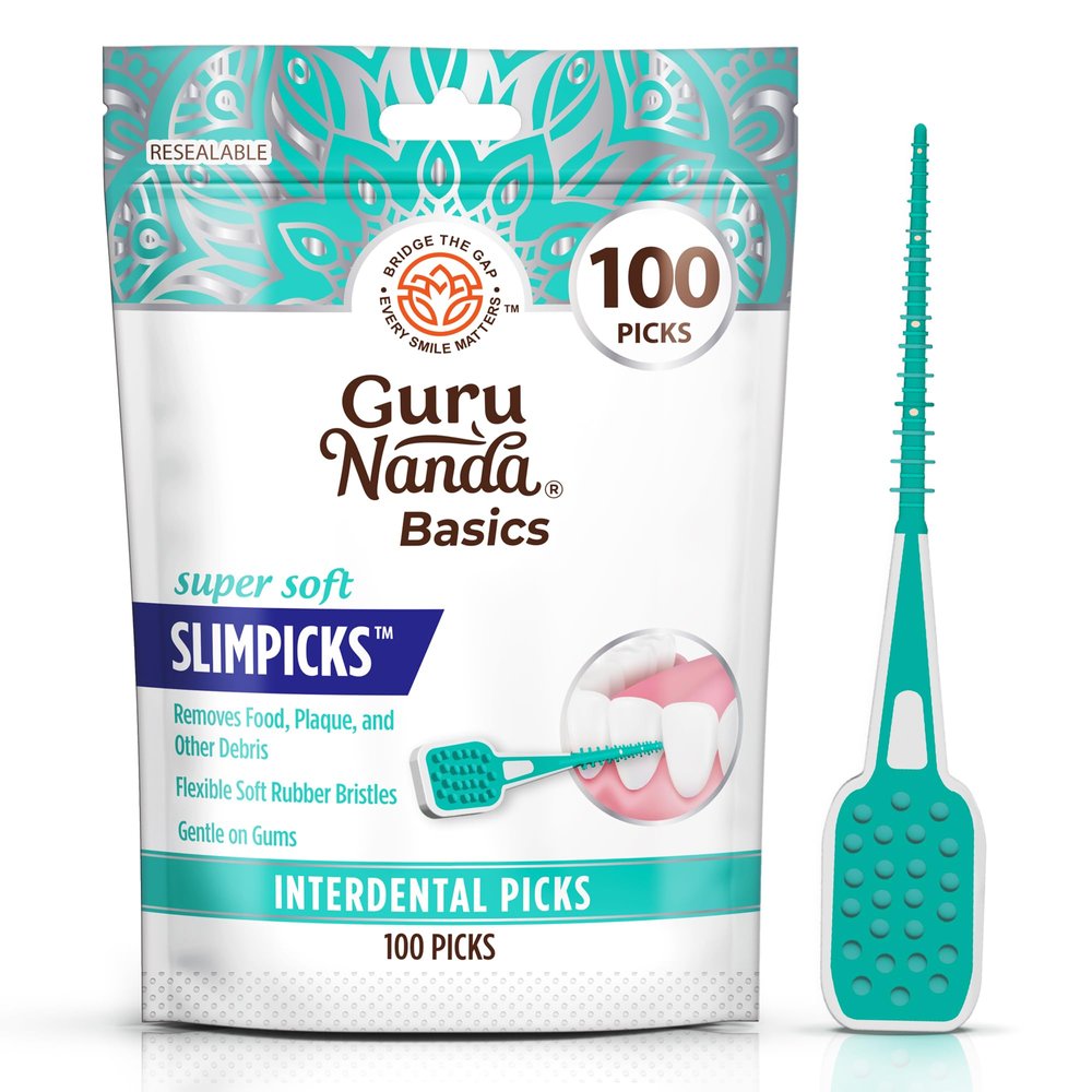 GuruNanda Interdental Picks (Pack of 100), Super Soft & Flexible Rubber Bristles, Floss Picks for Removing Food Leftovers, Plaque & Gently Go to Gums