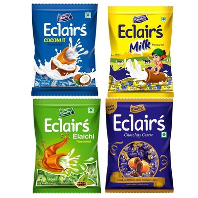 Derby Eclairs | 350 Gram Pack (100Pcs in Each Poly | (Derby Eclair Combo Pack of 4) | Milk | Coconut | Elaichi | Caramel