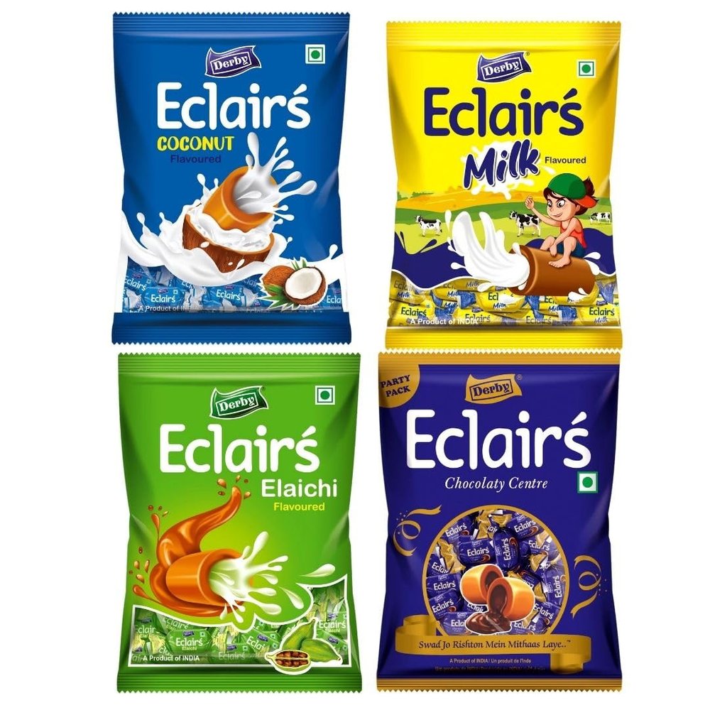 Derby Eclairs | 350 Gram Pack (100Pcs in Each Poly | (Derby Eclair Combo Pack of 4) | Milk | Coconut | Elaichi | Caramel