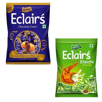 Derby Eclairs | Pack Of 2 | 350 Gram Pack (100Pcs in Each Poly | (Derby Combo Elaichi, Caramel Eclairs)