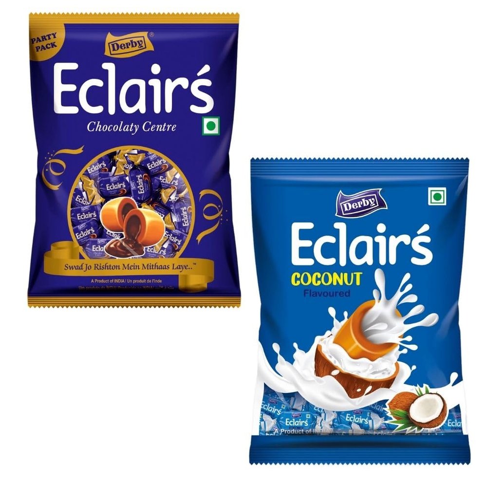 Derby Eclairs | Pack Of 2 | 350 Gram Pack (100Pcs in Each Poly | (Derby Combo Coconut, Caramel Eclairs)
