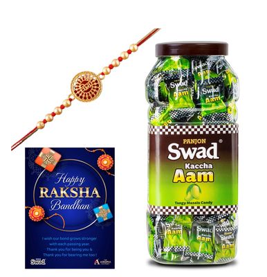 Panjon Swad Premium Rakhi Gift Hamper for Raksha Bandhan |Brother/Bhai/Veera/Kids Pack Of 3 Items|1 Swad Kaccha Aam 200 Tab Candy Jar+1 Rakhi+Greeting Card |Raakhi Gift Set