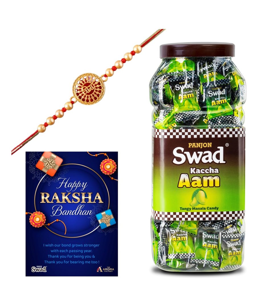 Panjon Swad Premium Rakhi Gift Hamper for Raksha Bandhan |Brother/Bhai/Veera/Kids Pack Of 3 Items|1 Swad Kaccha Aam 200 Tab Candy Jar+1 Rakhi+Greeting Card |Raakhi Gift Set