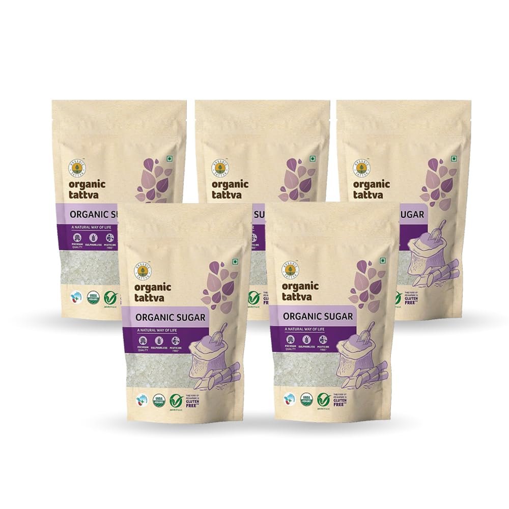 Organic Tattva, Organic White Sugar 1Kg | Sulphurless White Sugar with No Pesticides | Naturally Gluten Free | 5Kg(Pack of 5)