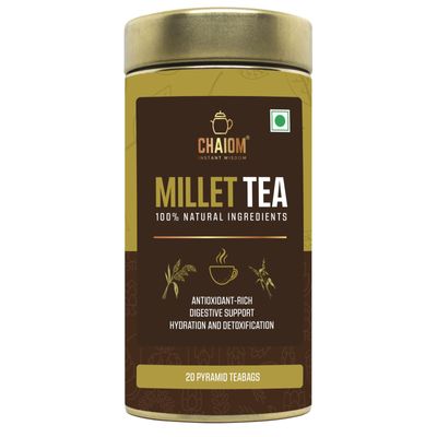 Chaiom - Energizing Millet Tea Blend with Green Tea and Ayurvedic Herbs -Energises Body and Mind 20 Pyramid tea bags in Tin pack