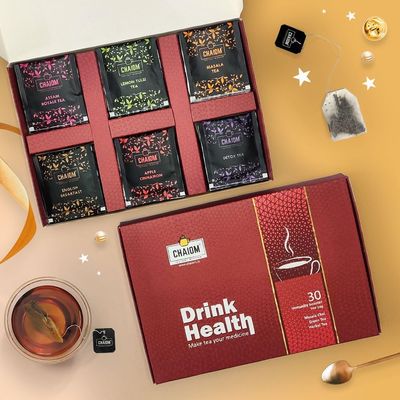 Chaiom - Drink Health Tea Gift Box 30 Tea Bags | 6 Assorted Herbal Tea & Green Tea Selection Box | 6 Flavors, 30 Tea Bags Gift Set