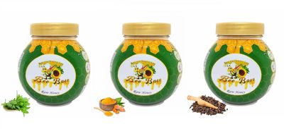 Bee Base Combo Of Turmeric + Clove + Tulsi Honey  (Pack Of 3, 250g Each) / Madh, Sahad/Natural Ayurved Unprocessed Honey / 100% Pure Natural Honey Unfiltered/Immunity Boosters