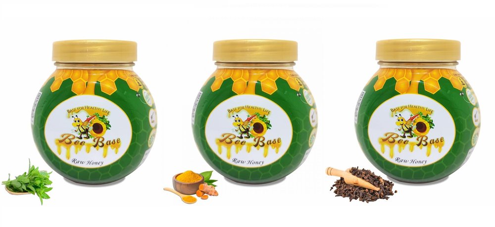 Bee Base Combo Of Turmeric + Clove + Tulsi Honey (Pack Of 3, 250g Each) / Madh, Sahad/Natural Ayurved Unprocessed Honey / 100% Pure Natural Honey Unfiltered/Immunity Boosters