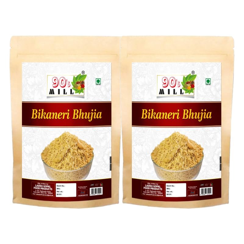 90's MILL Aslee Bikaner ki Bikaneri Bhujia Namkeen bhujia sev No Artificial Colours | Bikaneri Bhujia Low Fat bikaneri bhujia sev Namkeen with Dew beans,gram flour and indian Spices-850g*2Pack