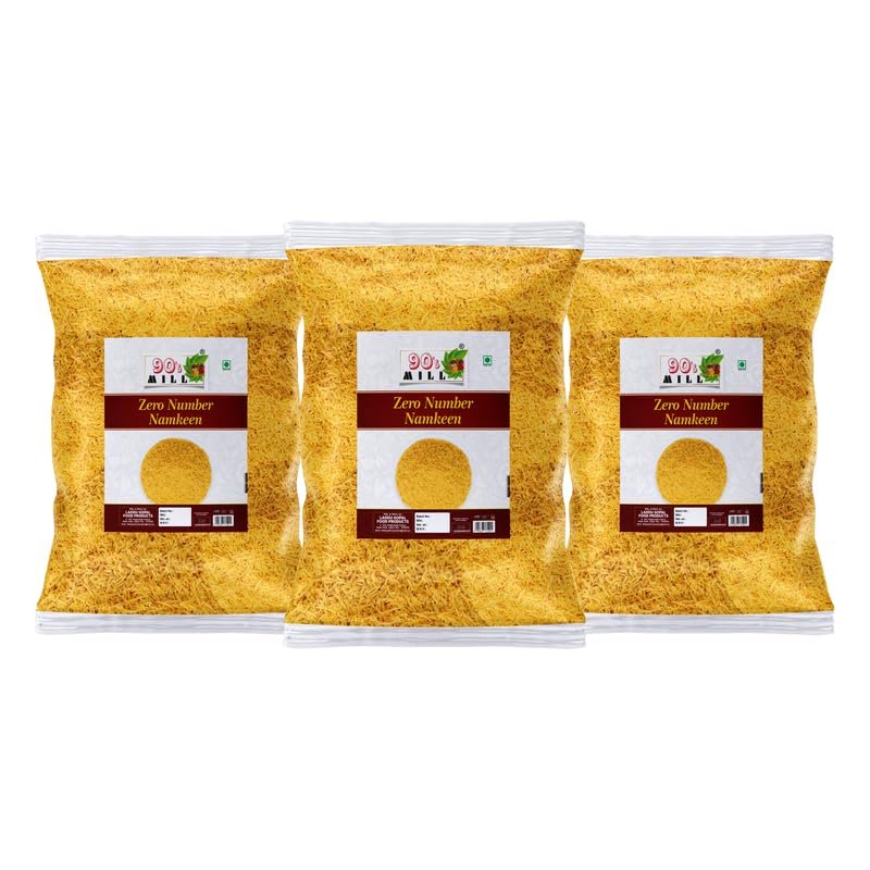 90's MILL Besan Namkeen Nylon Sev | Baarik Sev | Barik Sev | Sev Puri Bhel Puri Sev | Bhel Chaat Pani Puri Chaat Dahi Chaat Sev Zero Number Namkeen Sev | Non Spicy Fine Sev Fiki SEV-1Kg*3Pack