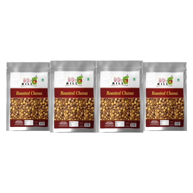 90's MILL Authentic Roasted Plain Un Salted Chana Bhuna Bengal Gram Chickpeas | Indian Vegan and Healthy Snack Food Enjoy with Chai, Green Tea, Coffee High Protein Food Snack-900g*4Pack