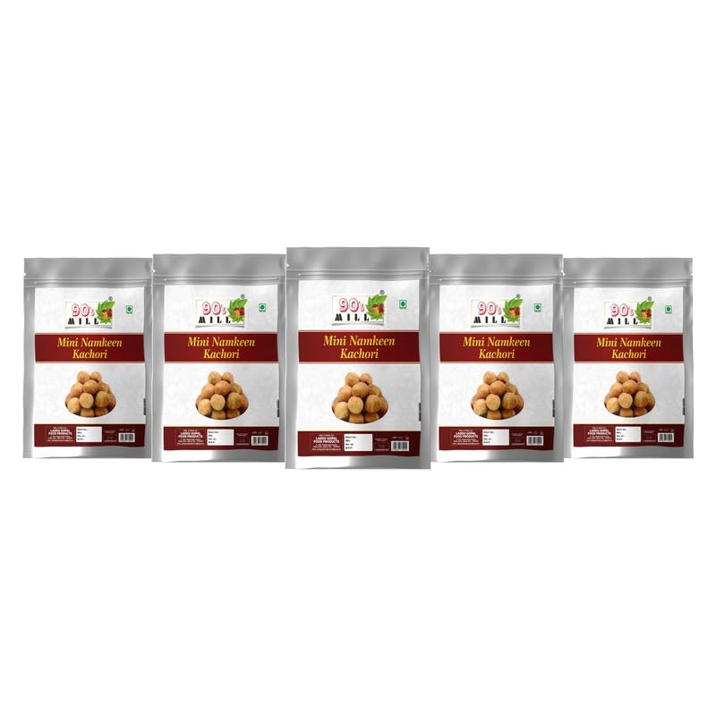 90's MILL Allahabad Masale wali Dry Kachori Namkeen Nashta Snack | Delicious & Crunchy Mini Kachaudee Namkeen Snacks | Evening Tea Time Mini Kachori Filled with Moong Mung Dal daal-1Kg*5Pack