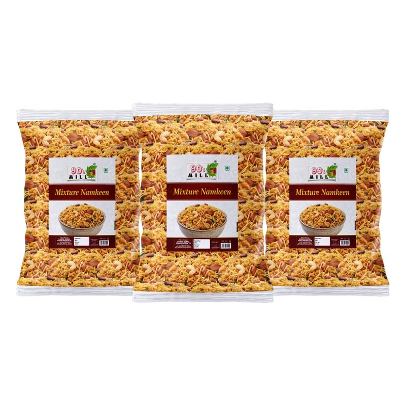 90's MILL Crsipy Madras Munchi Mix Farsan Besan Sev Peanuts, Boondi, Dry Fruits Spicy Mixture Made in South Indian Style | Bachcho Ka Favourite Tasty Yummy Snack Made In Groundnut Oil-250 * 3Pack