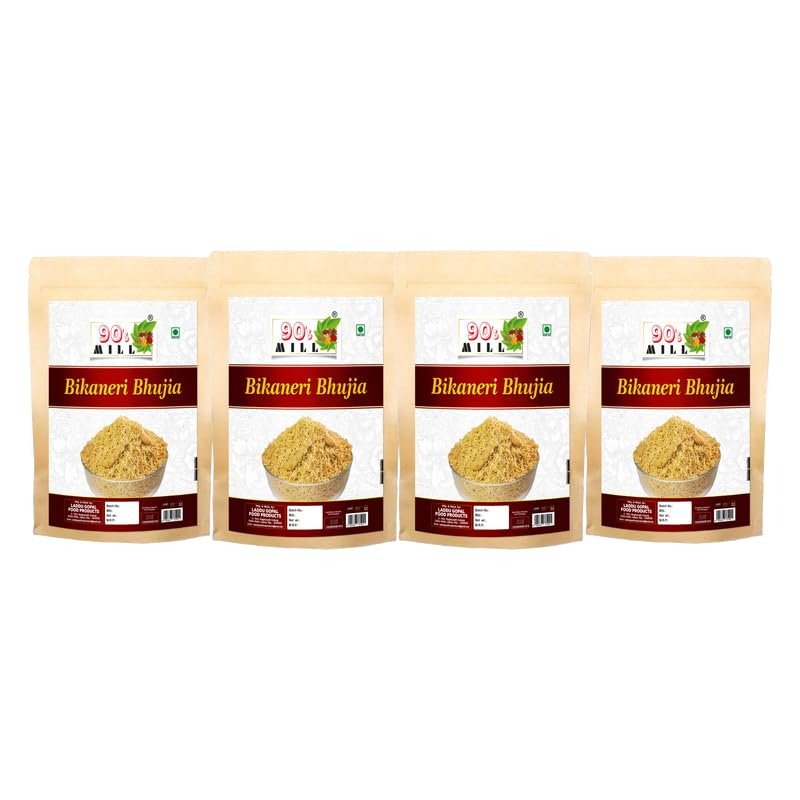 90's MILL Aslee Bikaner ki Bikaneri Bhujia Namkeen bhujia sev No Artificial Colours | Bikaneri Bhujia Low Fat bikaneri bhujia sev Namkeen with Dew beans,gram flour and indian Spices-900g*4Pack