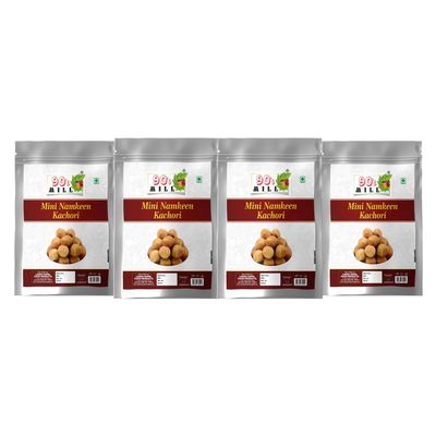 90's MILL Ready to Eat Snack Mini Kachauri Indian Namkeen Nashta | Dal Kachori Baked Masala Moong Mung Dal Gol Kachaudee | Mini Kachori for Evening Tea Time Snack Fry in Peanut oil-900g*4Pack
