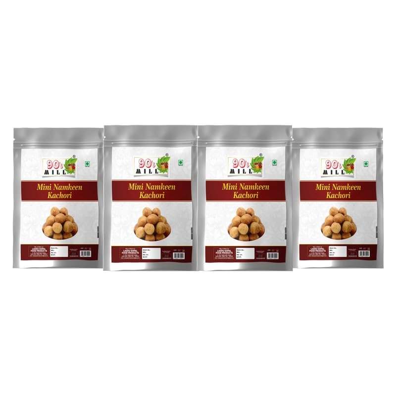 90's MILL Ready to Eat Snack Mini Kachauri Indian Namkeen Nashta | Dal Kachori Baked Masala Moong Mung Dal Gol Kachaudee | Mini Kachori for Evening Tea Time Snack Fry in Peanut oil-900g*4Pack