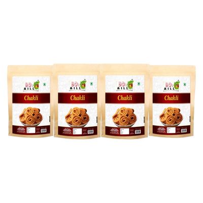90's MILL Bhajani Chakli Chakoli Murukku | Homemade Indian Chakoli Namkeen Snacks | Indian Snacks | Chakli | Masala Chakli | Chakoli | Butter Chakri Ready to Eat Snacks Murukku-850g*4Pack